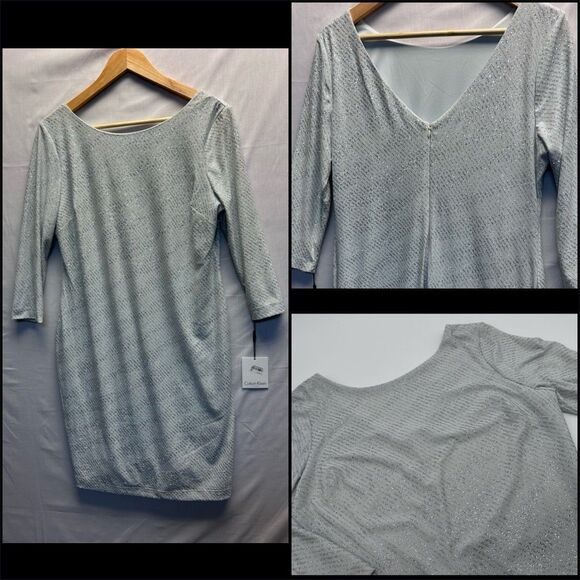 Calvin Klein Silver Sparkle Sheath Dress 3/4 Sleeve Formal Boat Neck Women’s 12 - Picture 1 of 12